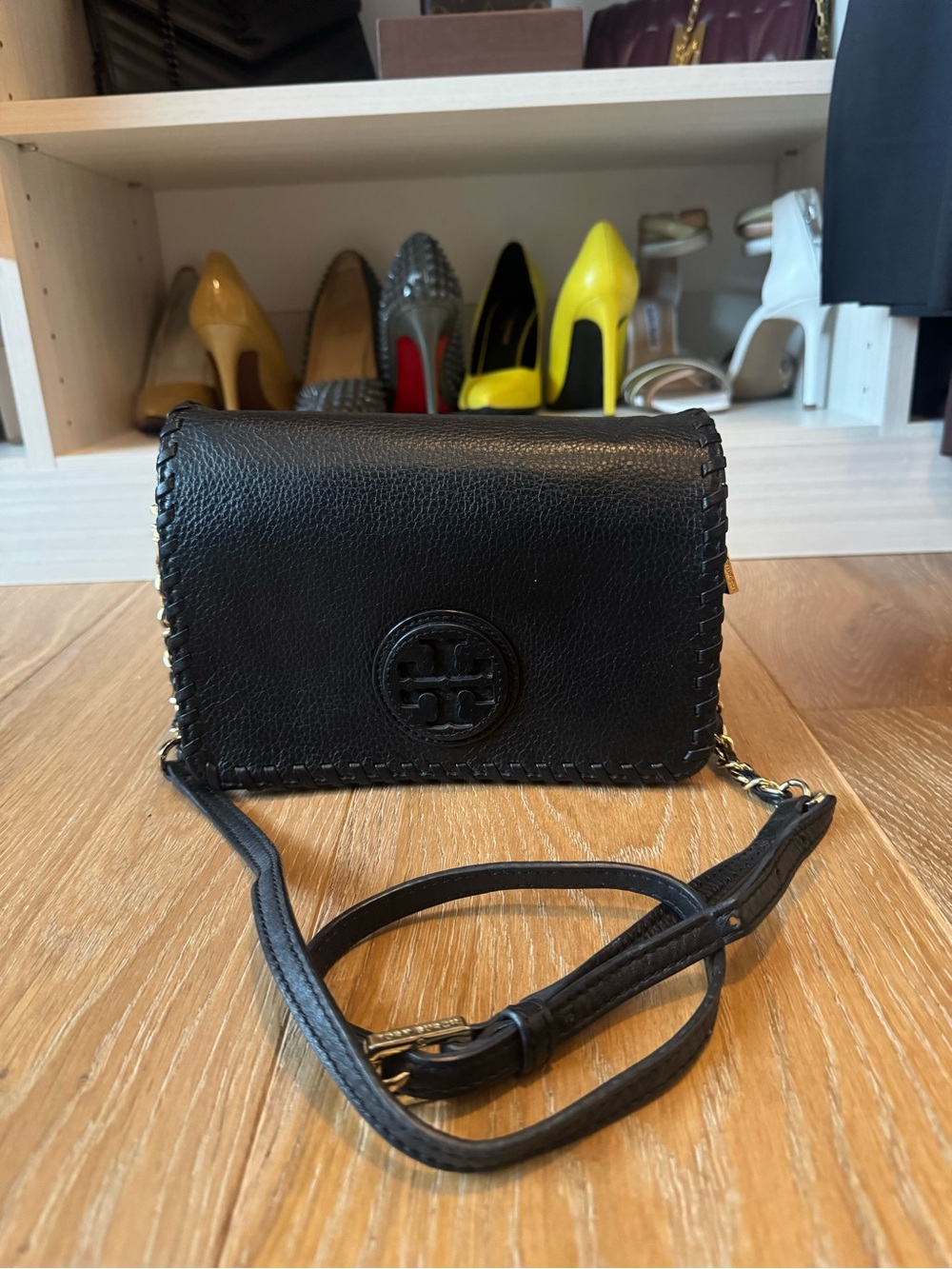 Tory Burch Black Leather Whipstitch Crossbody